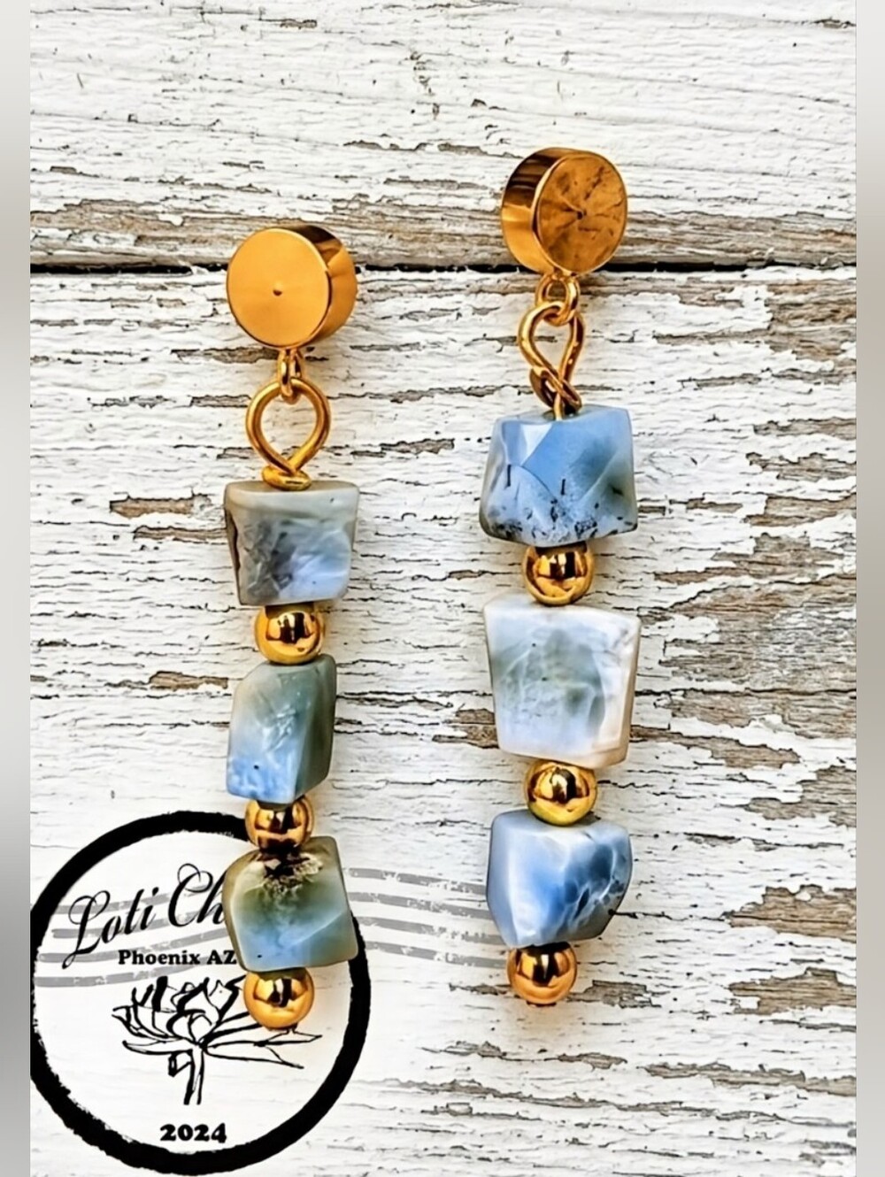 Classic Natural Blue Larimar In Simple Designed Gold Plated Earrings